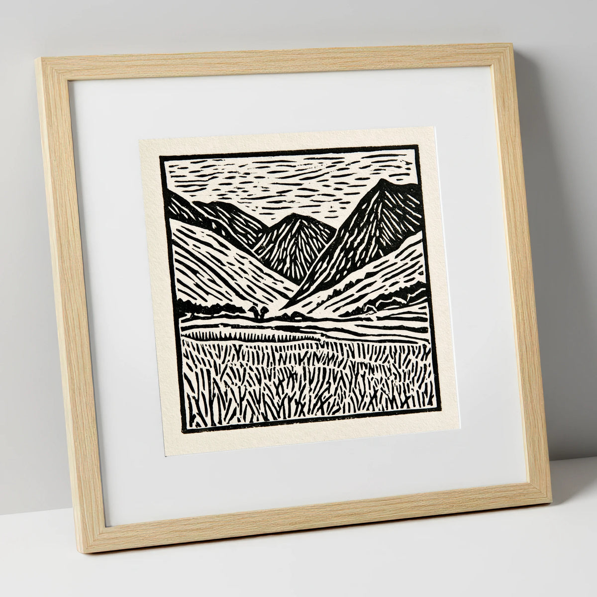 Black and White Borrowdale Fells lake district valley art print in natural frame
