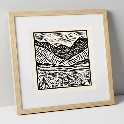 Black and White Borrowdale Fells lake district valley art print in natural frame
