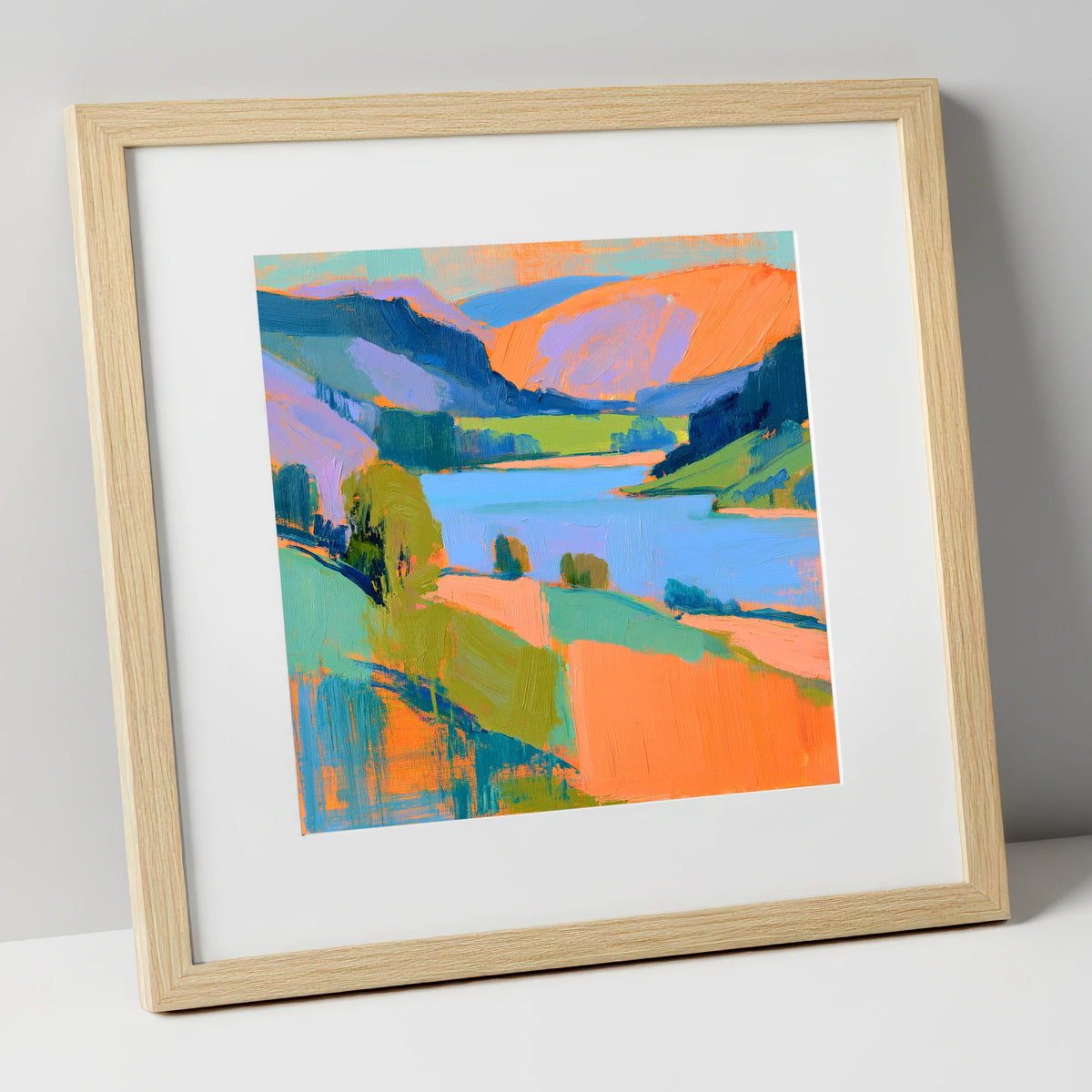 Vivid Orange Fells and Lake lake district lake art print in natural frame