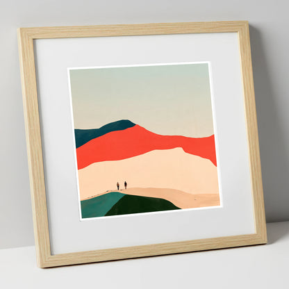 Hikers on a Graphic Fell Ridge lake district fell art print in natural frame