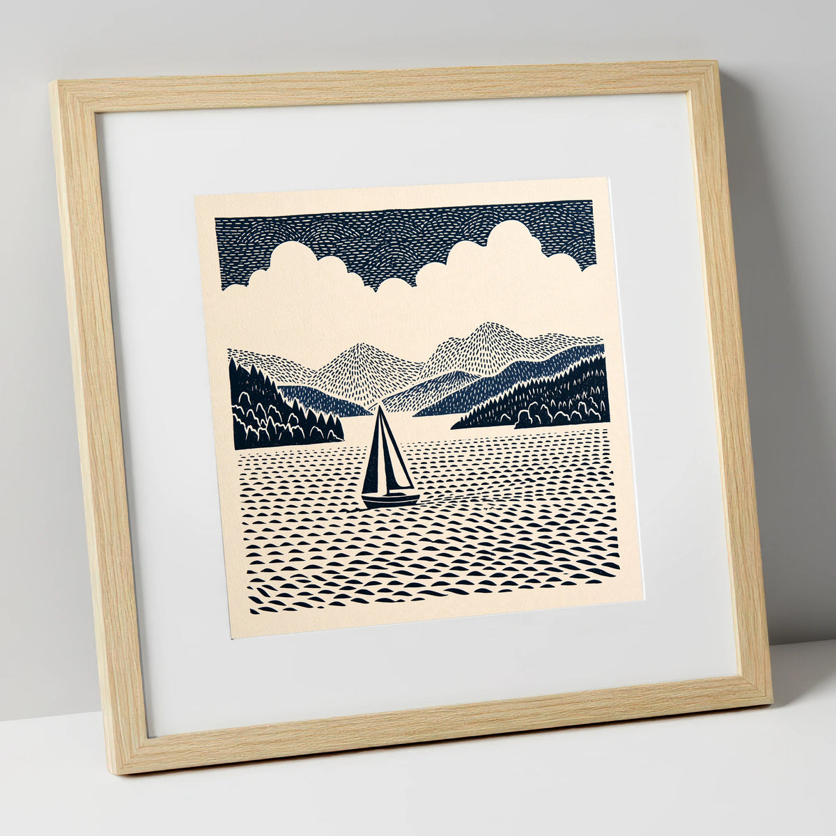 Windermere Sailboat in Deep Navy lake district lake art print in natural frame