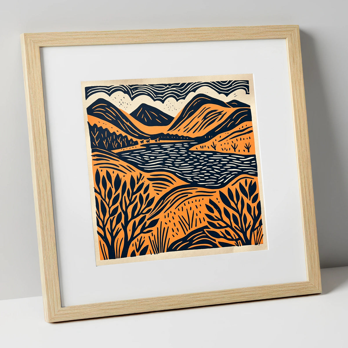 Terracotta and Navy Lake Fells lake district lake art print in natural frame