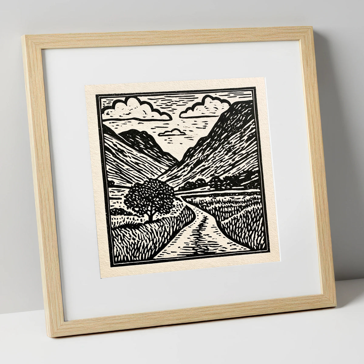 Monochrome Hardknott Pass Landscape lake district valley art print in natural frame