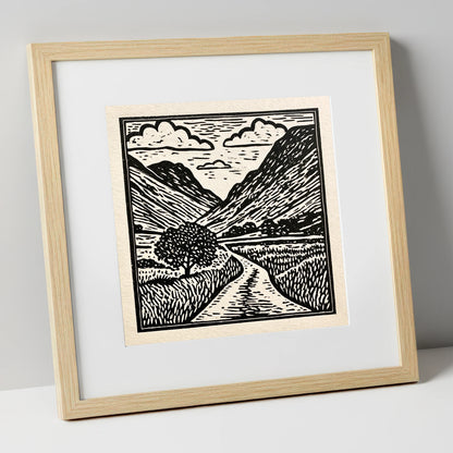 Monochrome Hardknott Pass Landscape lake district valley art print in natural frame