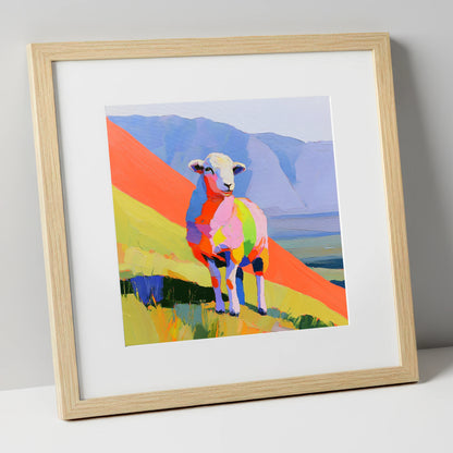 Vivid Herdwick on the Fells lake district wildlife art print in natural frame