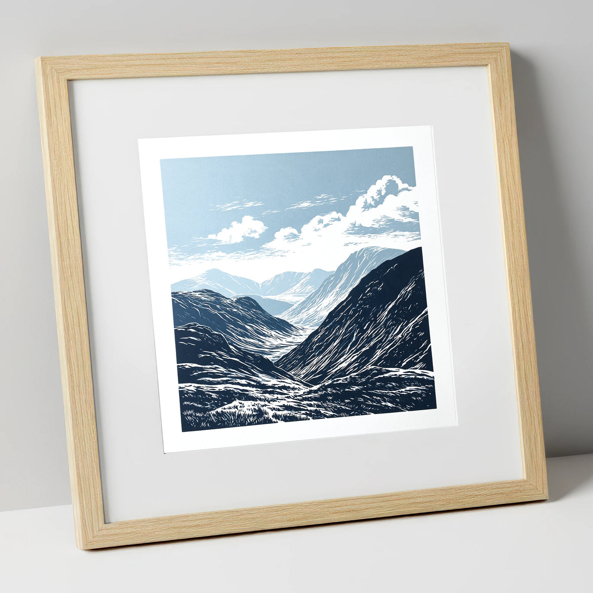 High Summit Valley in Navy lake district fell art print in natural frame