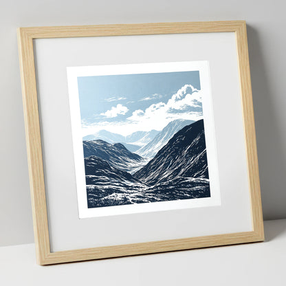 High Summit Valley in Navy lake district fell art print in natural frame