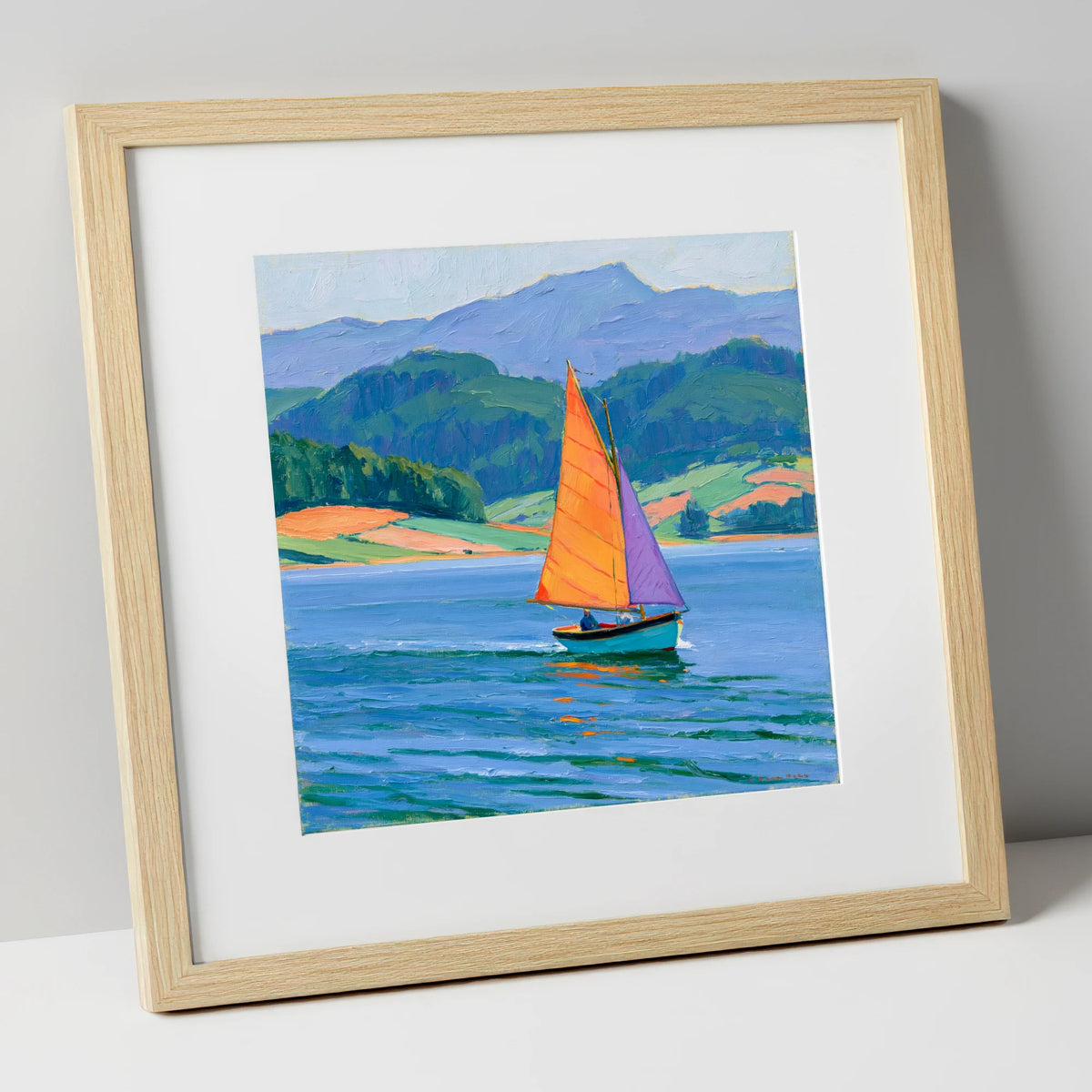 Sailing Boat on Breezy Lake lake district walking art print in natural frame