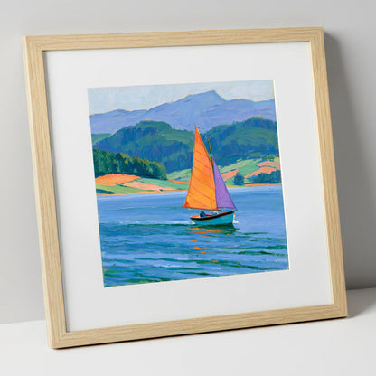 Sailing Boat on Breezy Lake lake district walking art print in natural frame