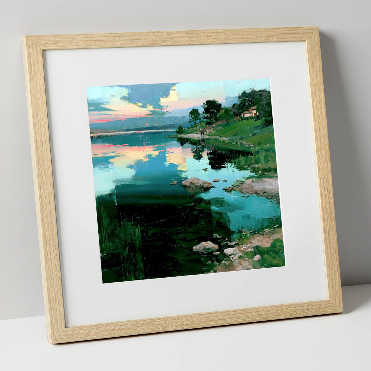 Pink Dawn Over Turquoise Lake lake district lake art print in natural frame