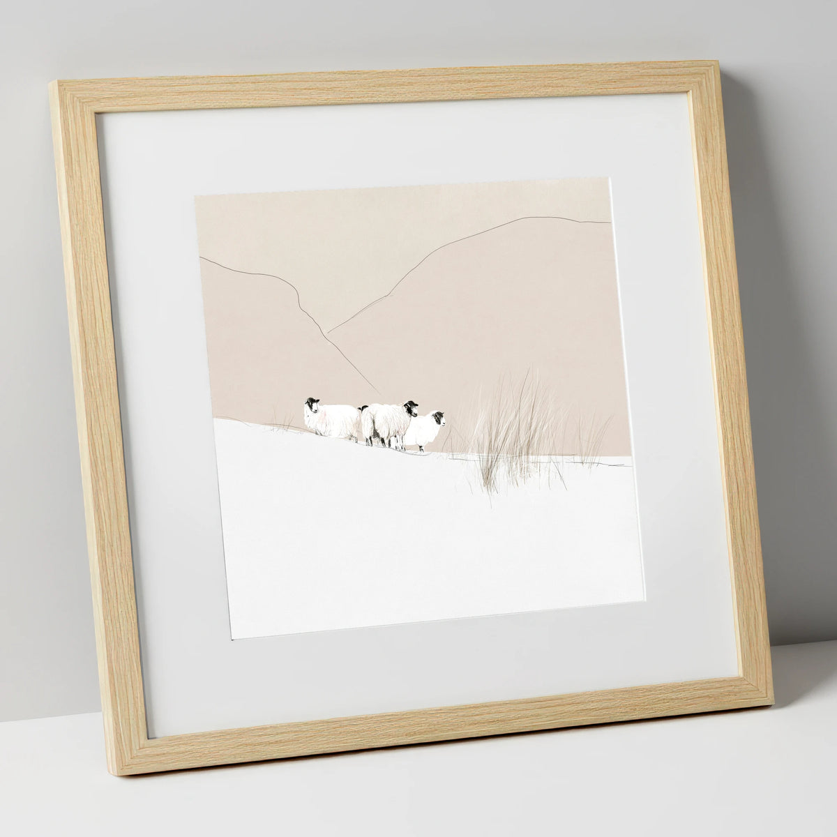 Herdwick Sheep on Minimalist Fell lake district wildlife art print in natural frame