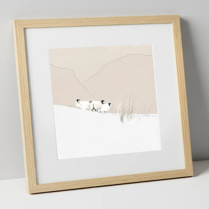Herdwick Sheep on Minimalist Fell lake district wildlife art print in natural frame