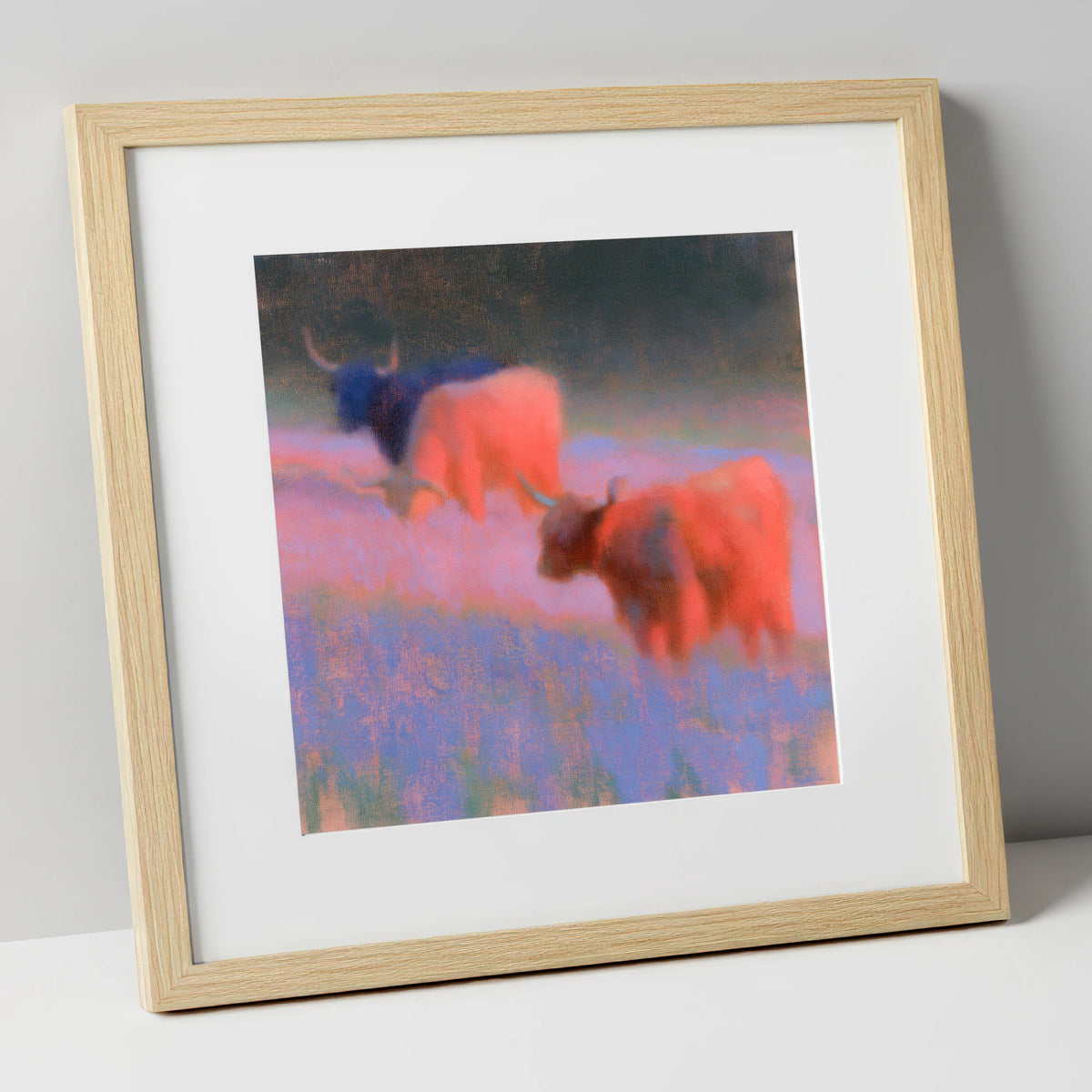 Luminous Highland Cattle Grazing lake district wildlife art print in natural frame
