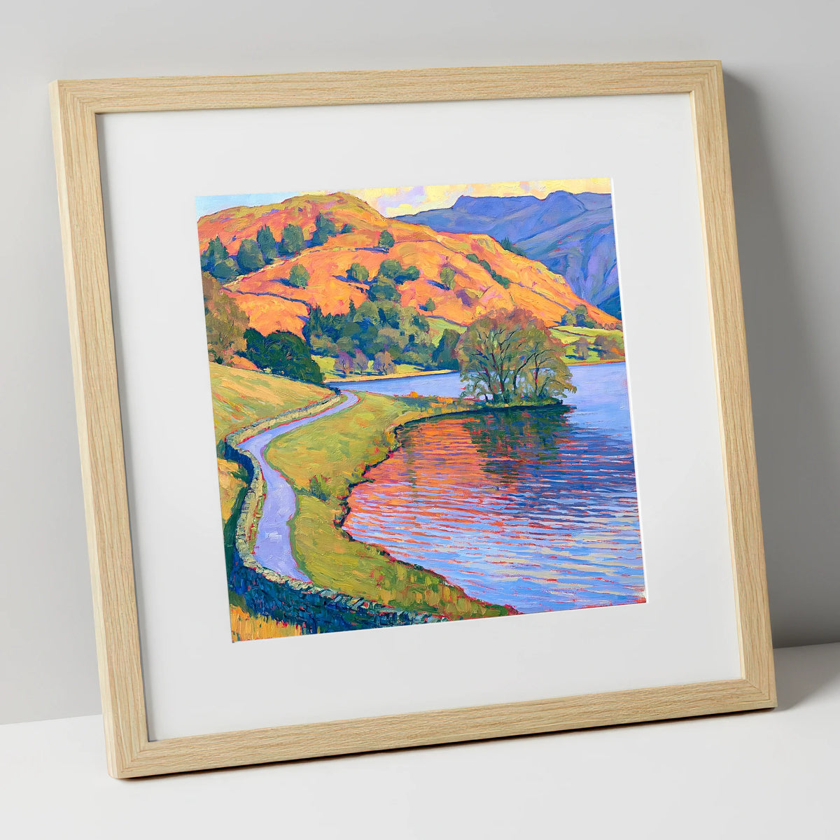 Sunlit Path Beside Rydal Water lake district lake art print in natural frame