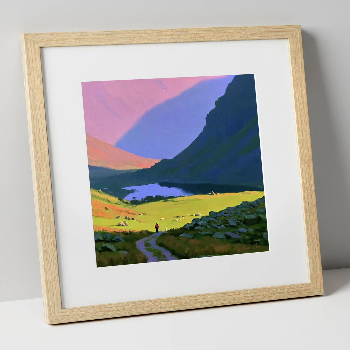 Lone Hiker in Vibrant Fells lake district walking art print in natural frame