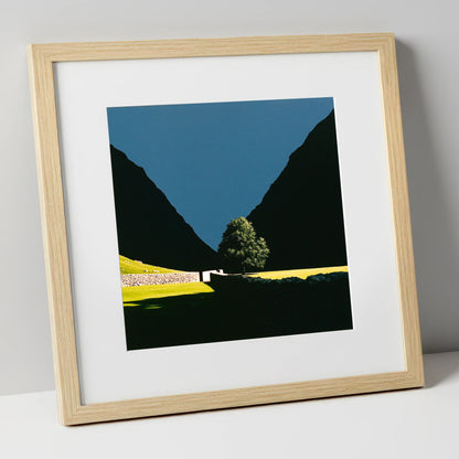Sunlit Tree Between Silhouetted Fells lake district valley art print in natural frame