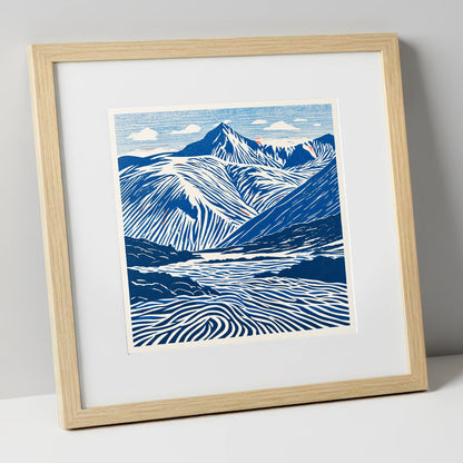 Cobalt Blue Scafell Pike lake district fell art print in natural frame