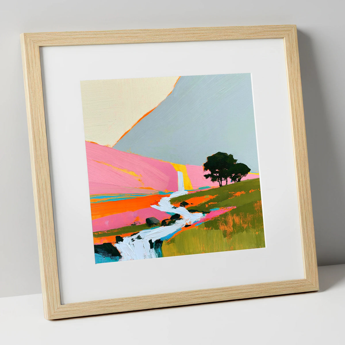 Bright Pink Fellside Beck lake district waterfall art print in natural frame