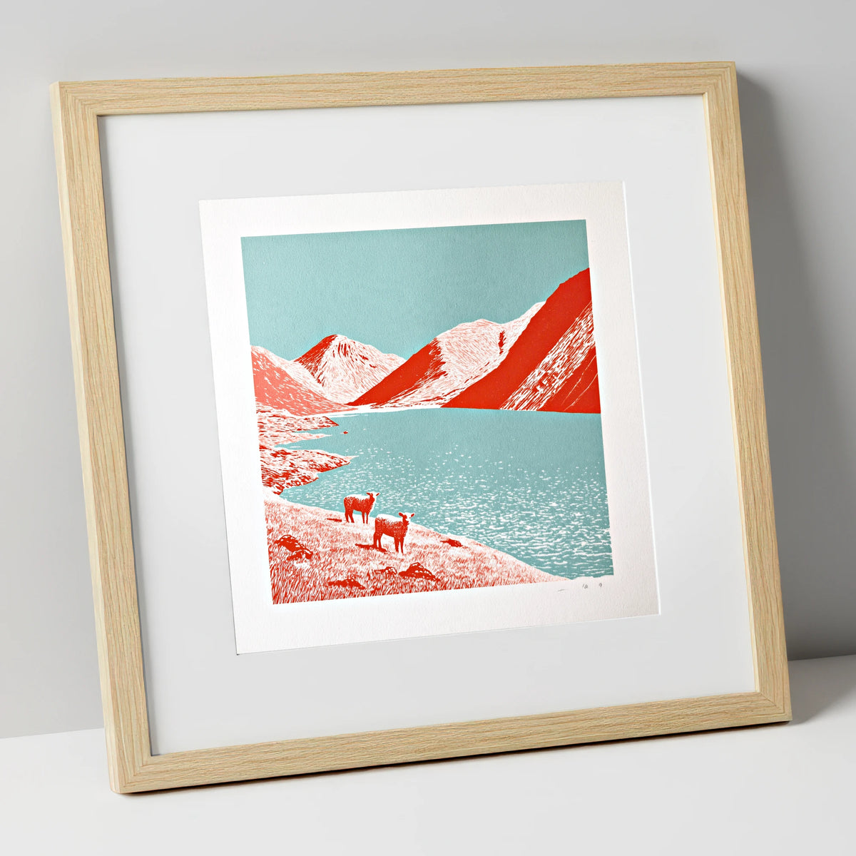Wastwater Fells in Bold Red lake district lake art print in natural frame