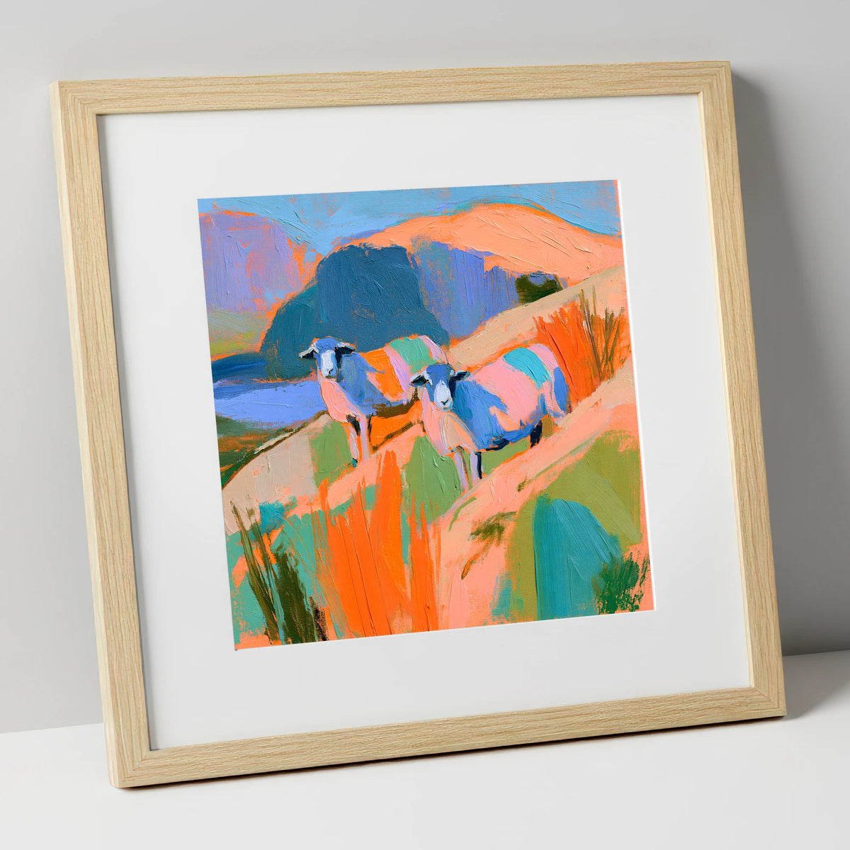 Colourful Herdwick Sheep on Fellside lake district wildlife art print in natural frame