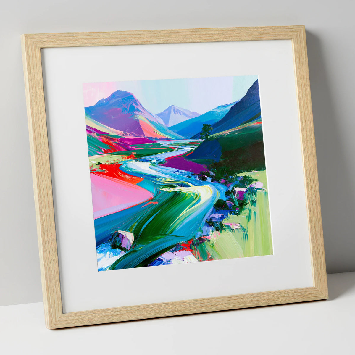 Colourful Rushing Fellside Beck lake district waterfall art print in natural frame