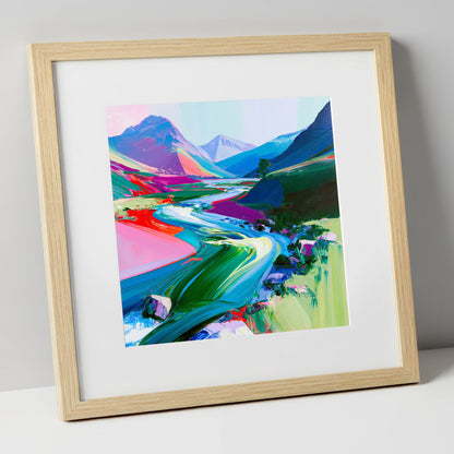 Colourful Rushing Fellside Beck lake district waterfall art print in natural frame