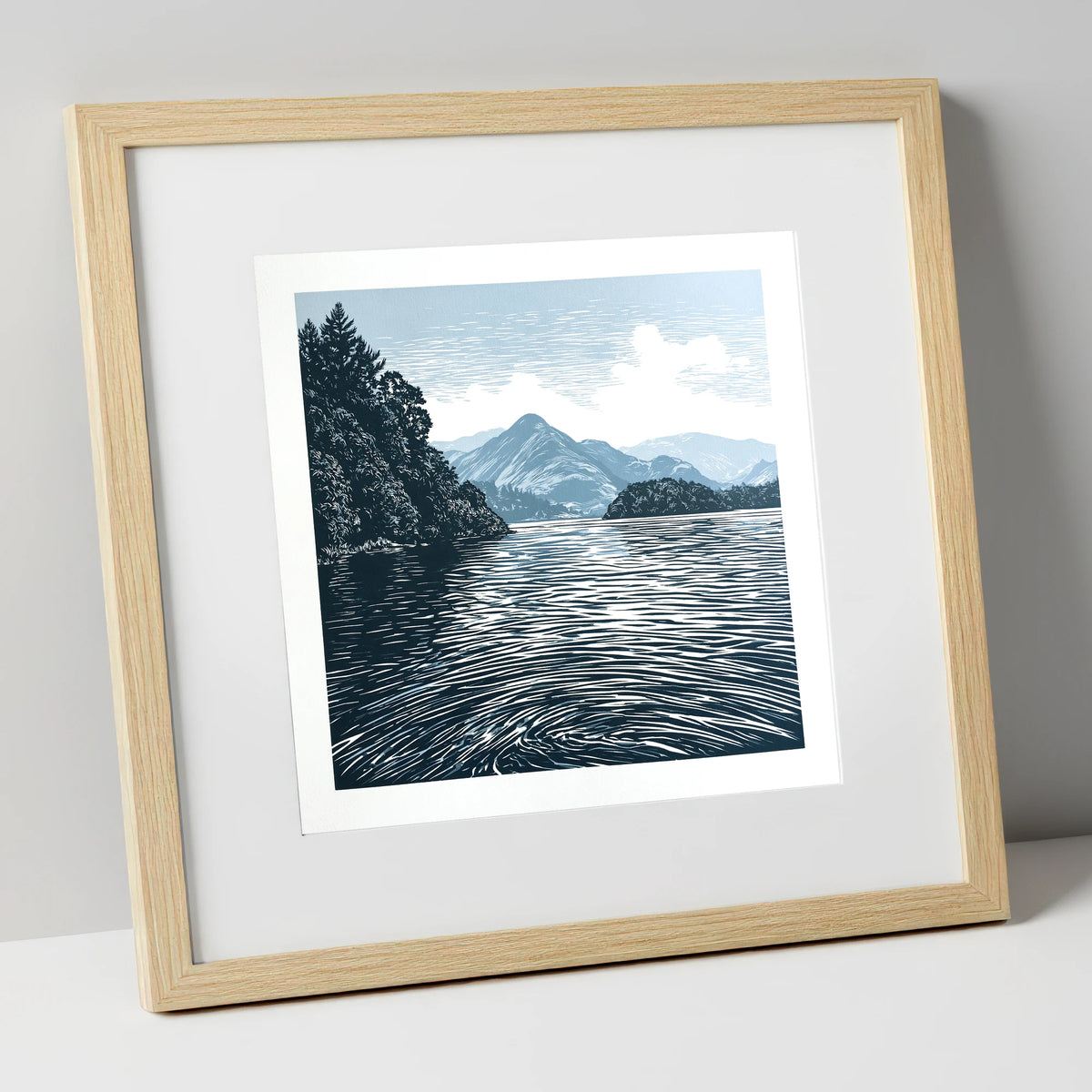 Derwentwater in Slate and Navy lake district lake art print in natural frame