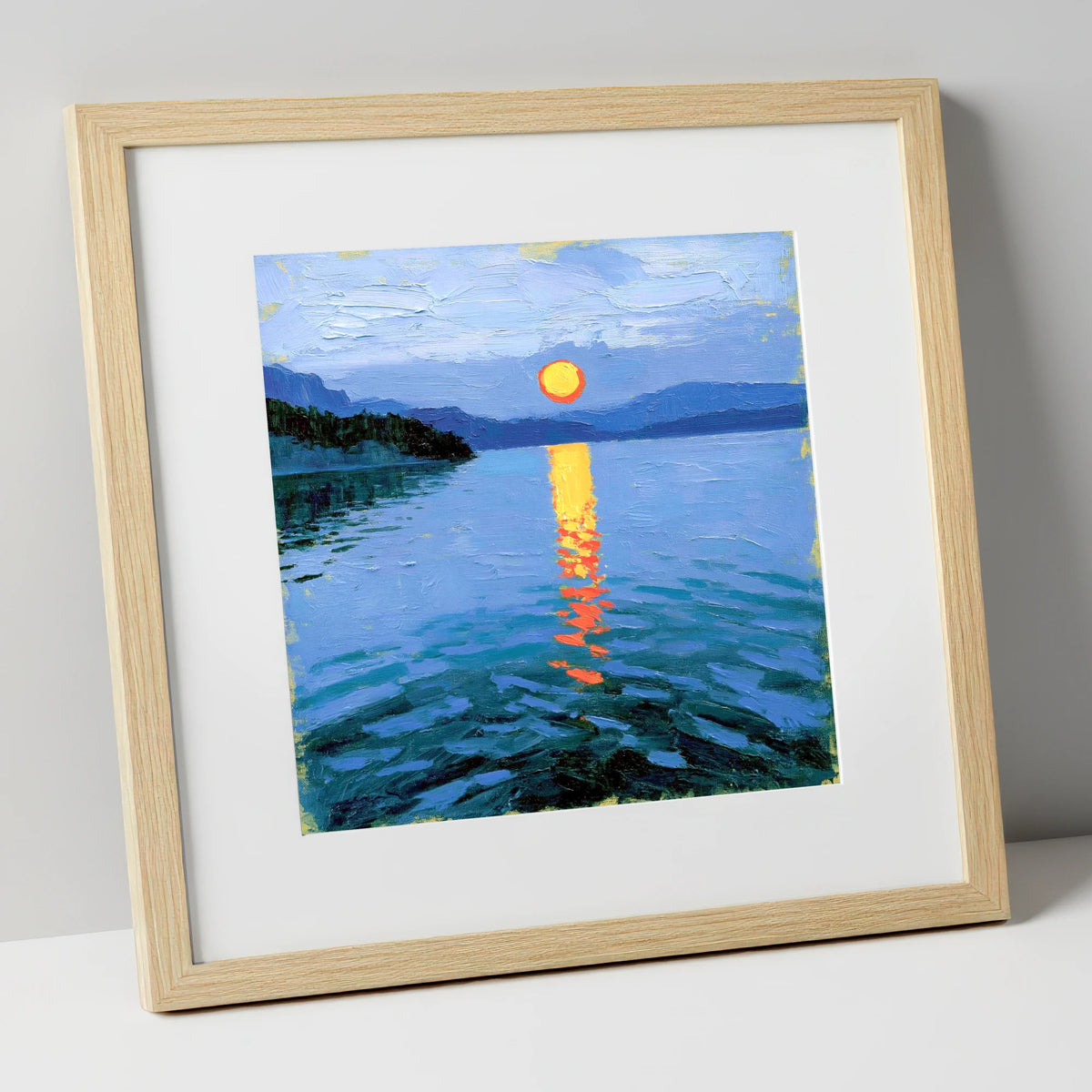 Fiery Sunset Over the Lake lake district lake art print in natural frame