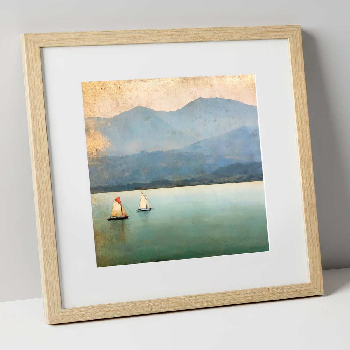 Windermere Sailboats in Teal and Gold lake district lake art print in natural frame