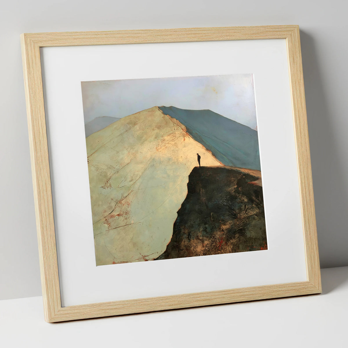 Walker on Striding Edge Helvellyn lake district walking art print in natural frame