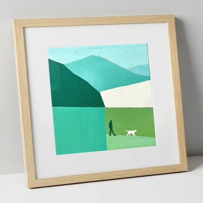Braithwaite Dog Walker in Teal gifts for dog walkers art print in natural frame
