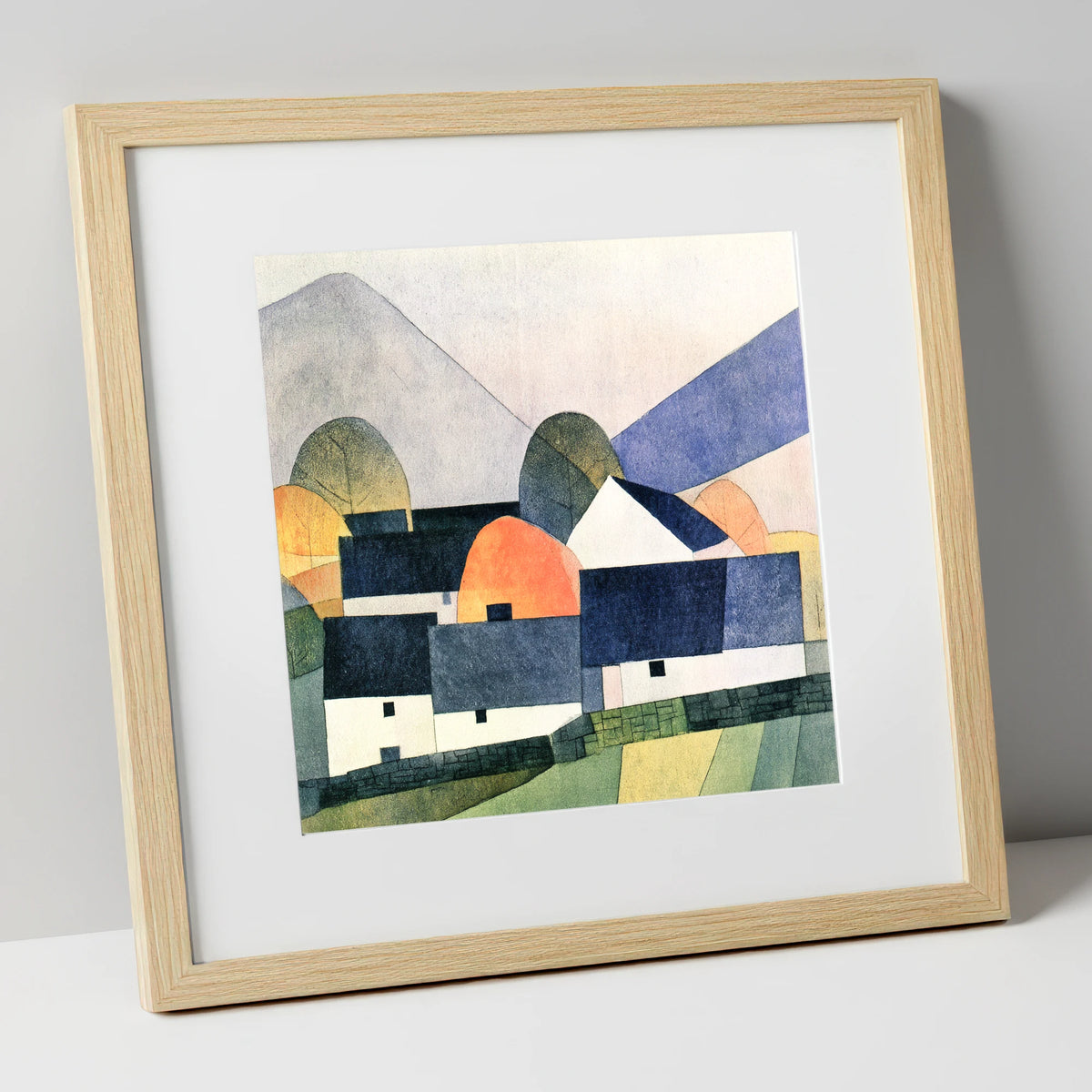 Geometric Slate Roofed Cottages lake district village art print in natural frame