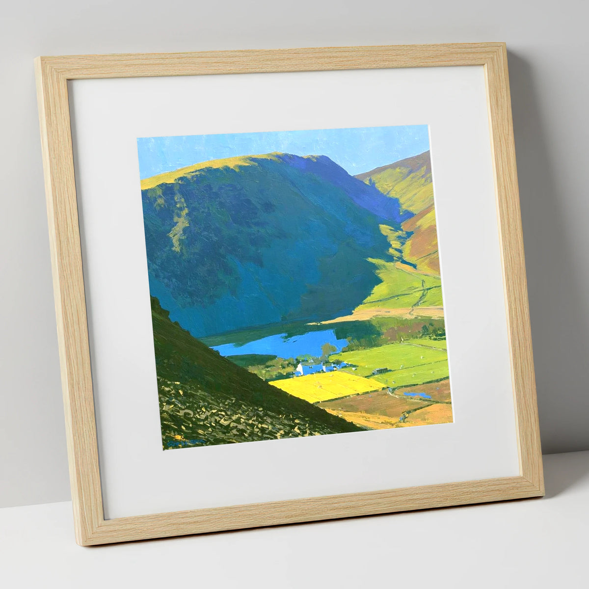 High Seat Over Vibrant Fields lake district fell art print in natural frame