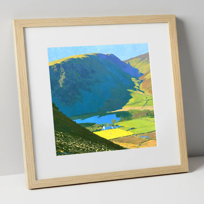 High Seat Over Vibrant Fields lake district fell art print in natural frame