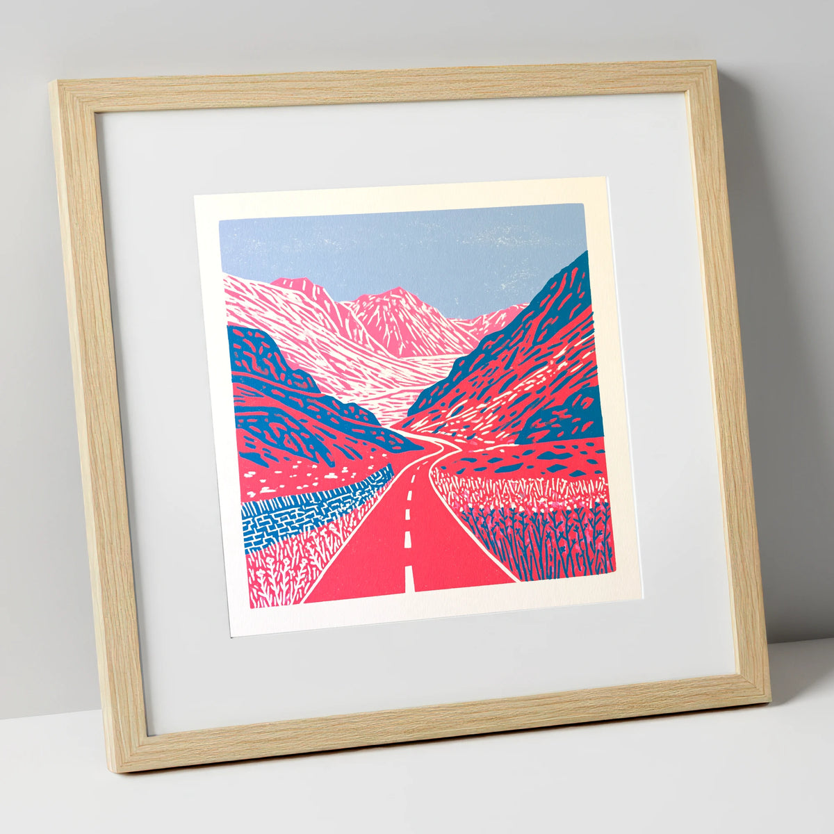 Vibrant Honister Pass Road lake district valley art print in natural frame