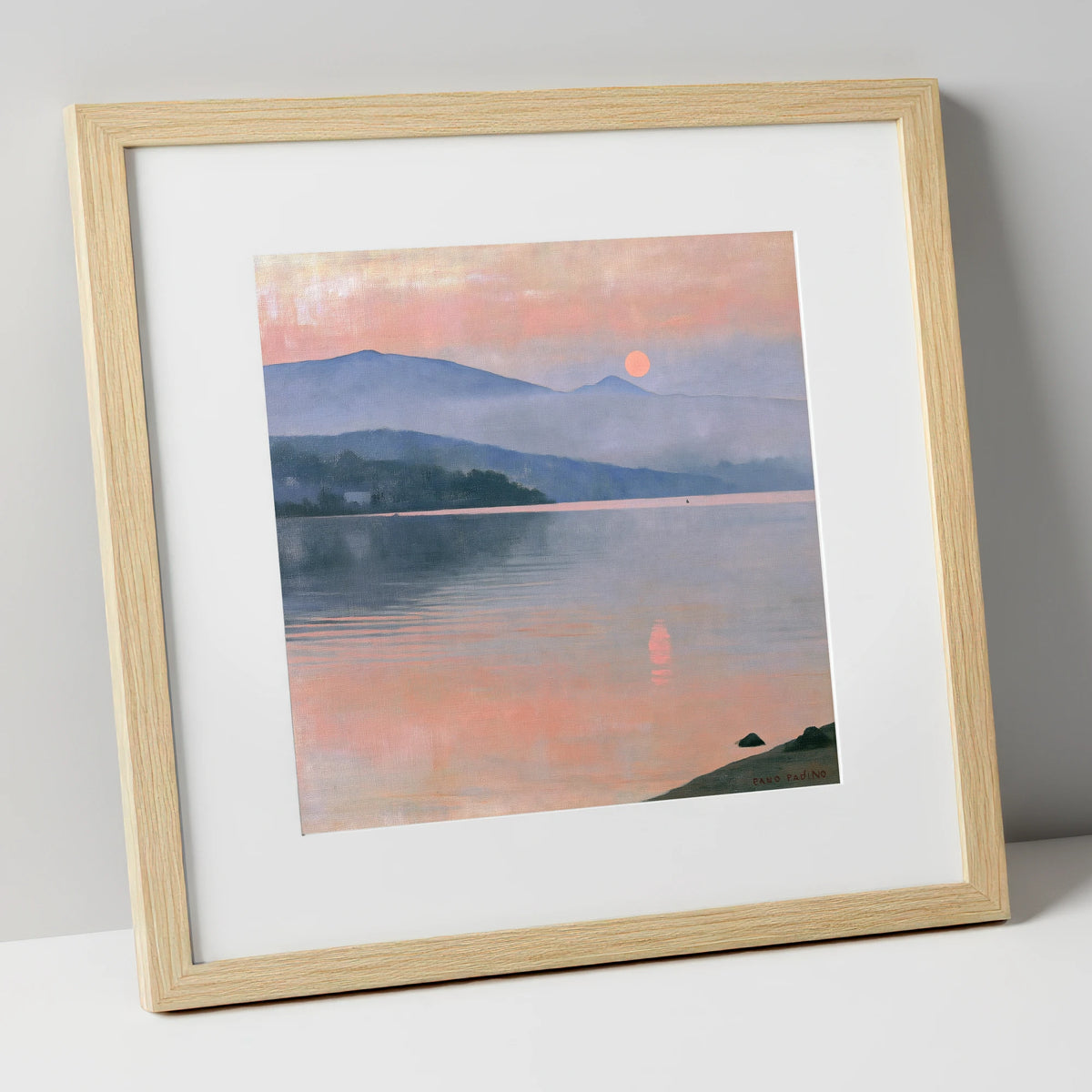 Lake Sunset in Pastel Haze lake district lake art print in natural frame