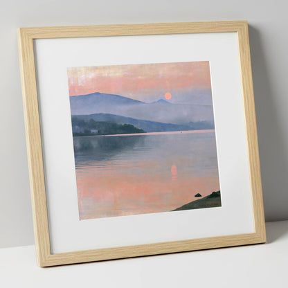 Lake Sunset in Pastel Haze lake district lake art print in natural frame