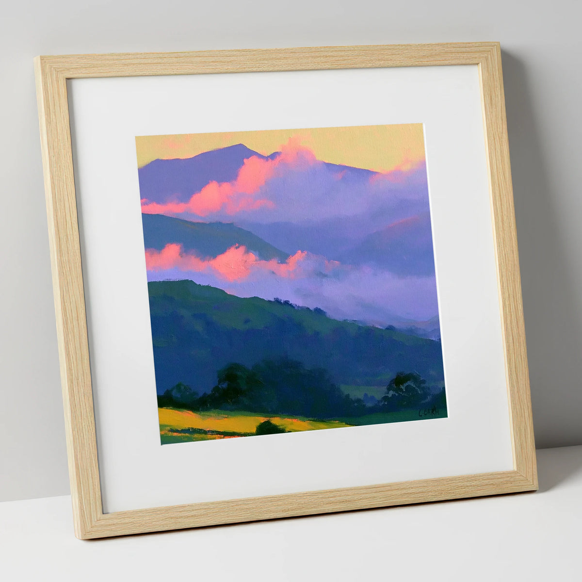 Pink Clouds Over Rolling Fells lake district fell art print in natural frame