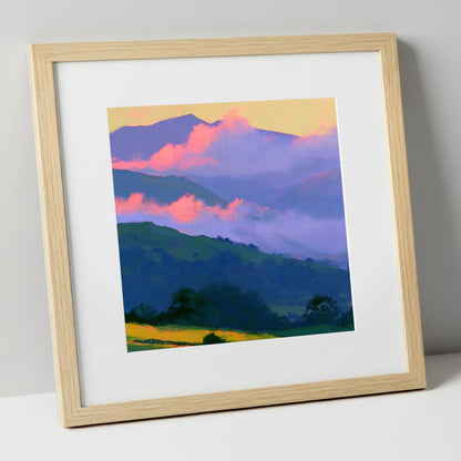 Pink Clouds Over Rolling Fells lake district fell art print in natural frame