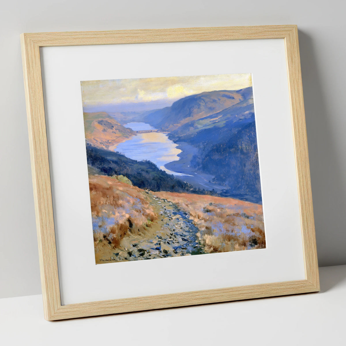 Sunlit Thirlmere from Helvellyn Path lake district lake art print in natural frame