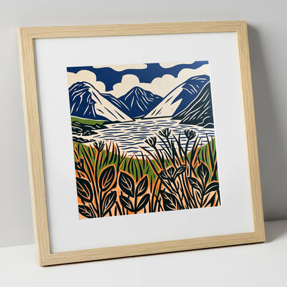 Wastwater in Navy and Orange lake district lake art print in natural frame