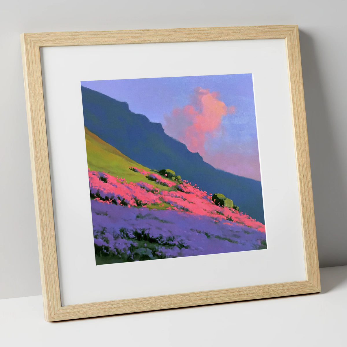 Vibrant Pink Heather Fellside flowers & fellsides art print in natural frame