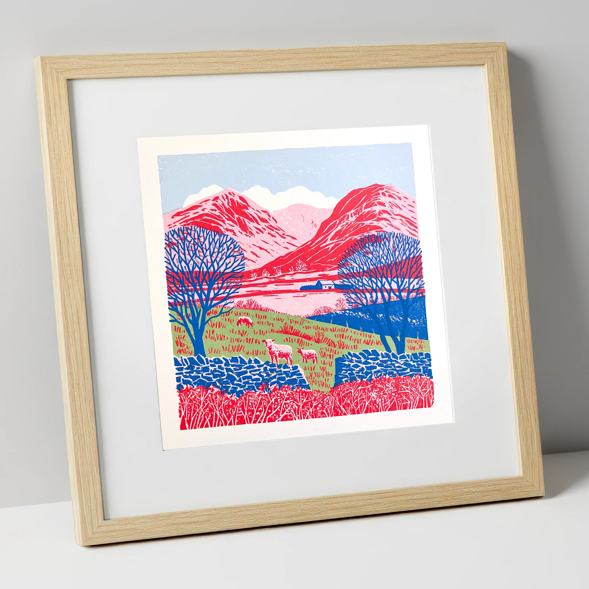 Bold Red Fells of Eskdale lake district valley art print in natural frame