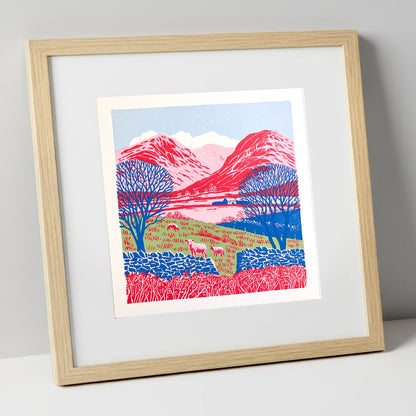 Bold Red Fells of Eskdale lake district valley art print in natural frame