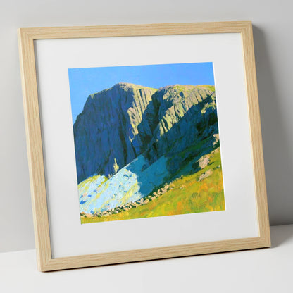 Sunlit Great End Rock Face lake district fell art print in natural frame