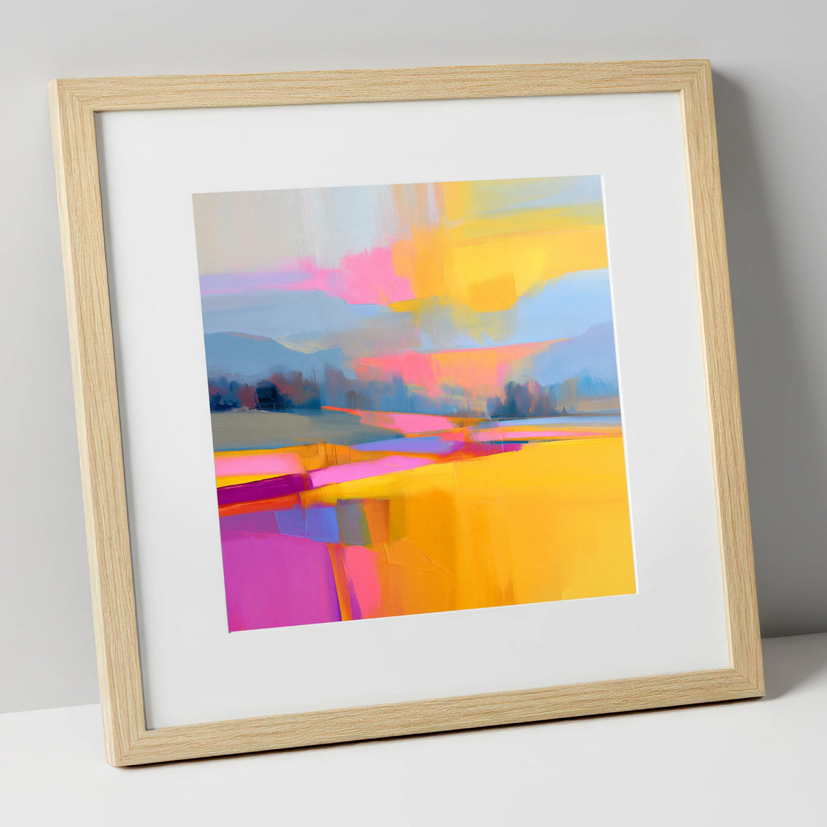 Fuchsia and Gold Evening Fells lake district sky art print in natural frame