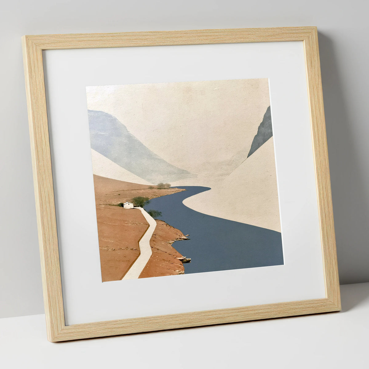 Winding Blue Lake and White Cottage lake district lake art print in natural frame