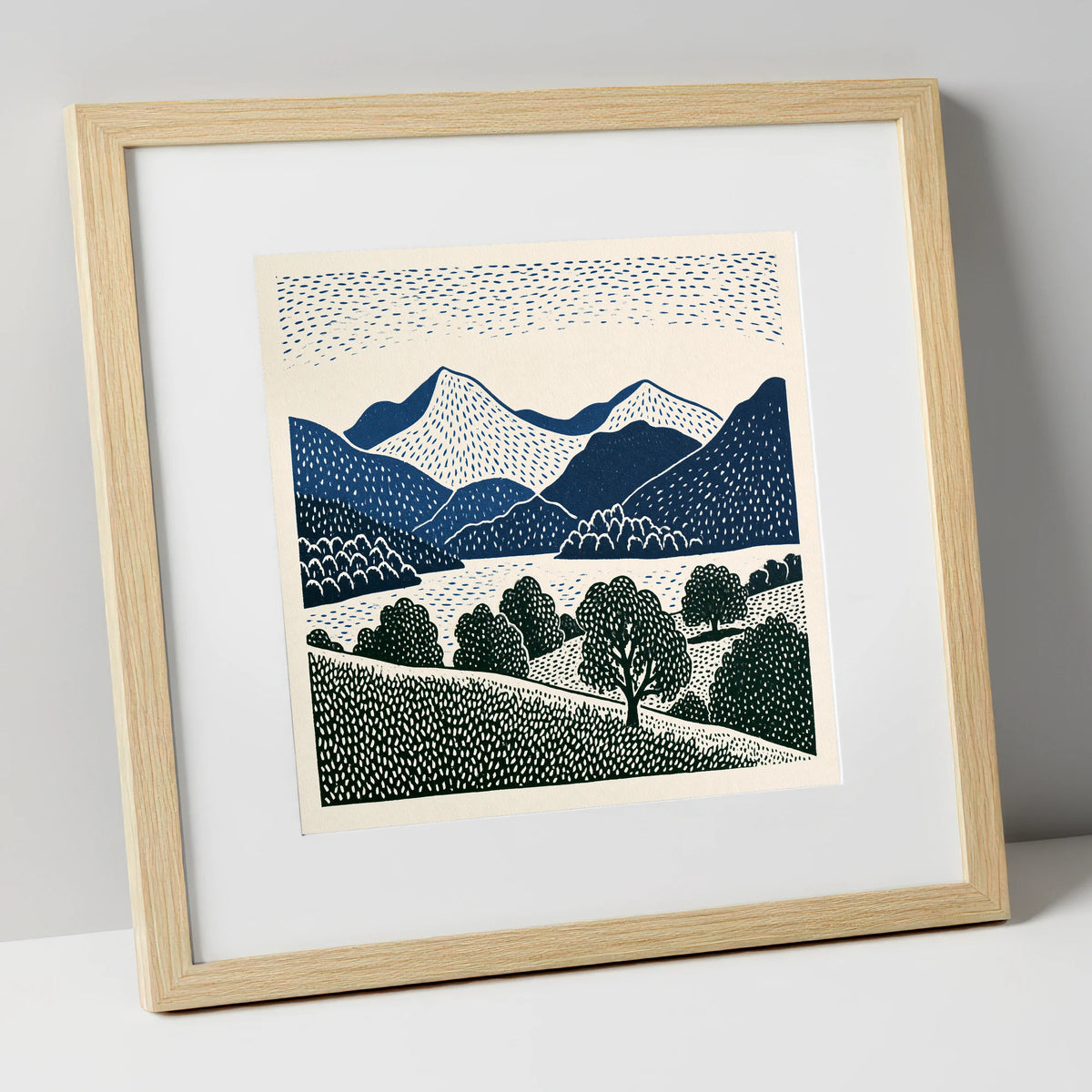 Grasmere Fells in Graphic Navy lake district lake art print in natural frame
