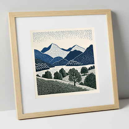 Grasmere Fells in Graphic Navy lake district lake art print in natural frame