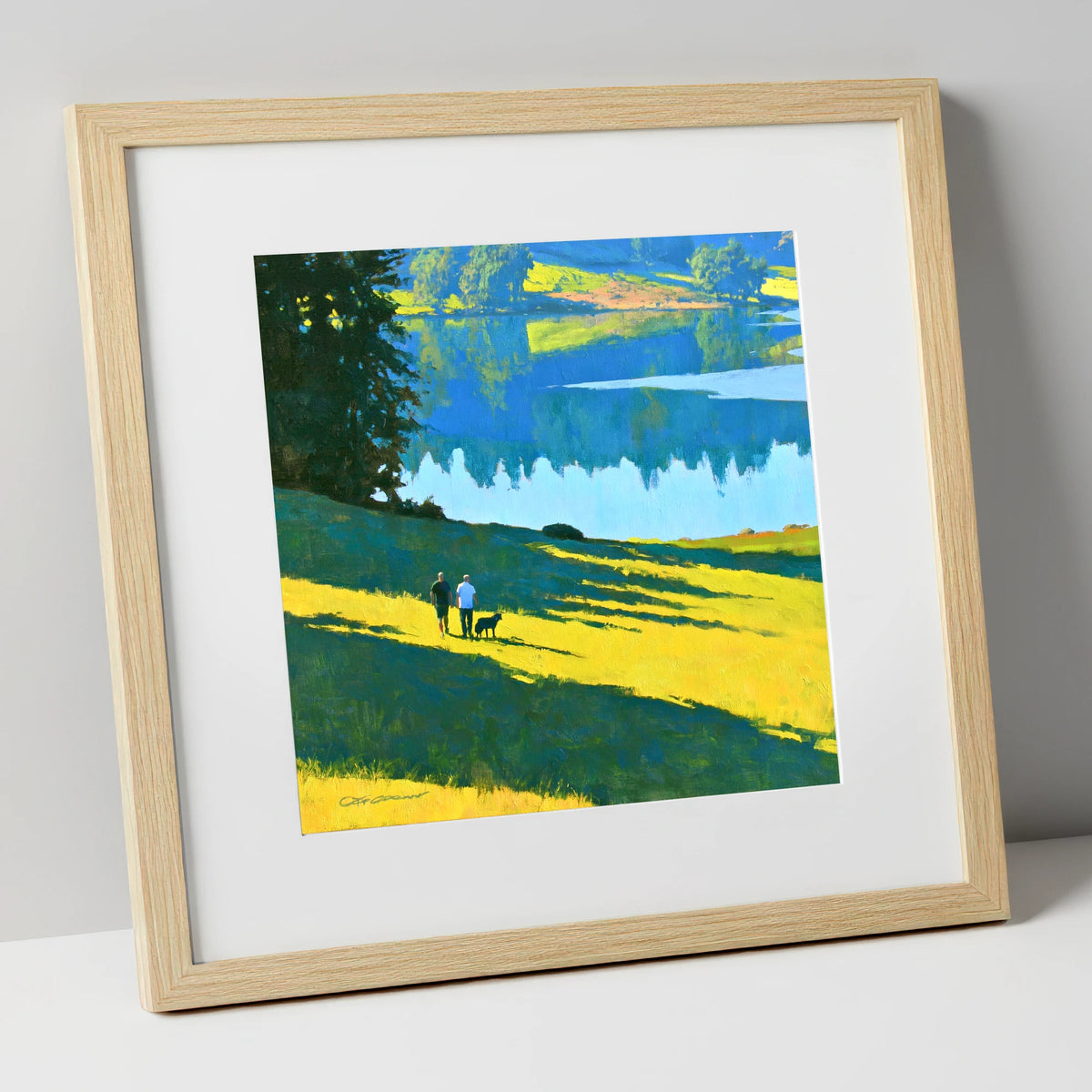 Sunlit Dog Walkers at Tarn Hows gifts for dog walkers art print in natural frame